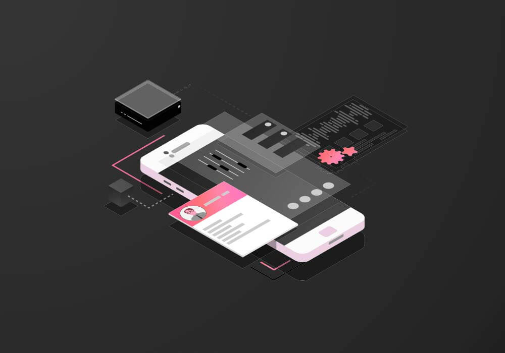isometric view of a mobile app design which shows different features