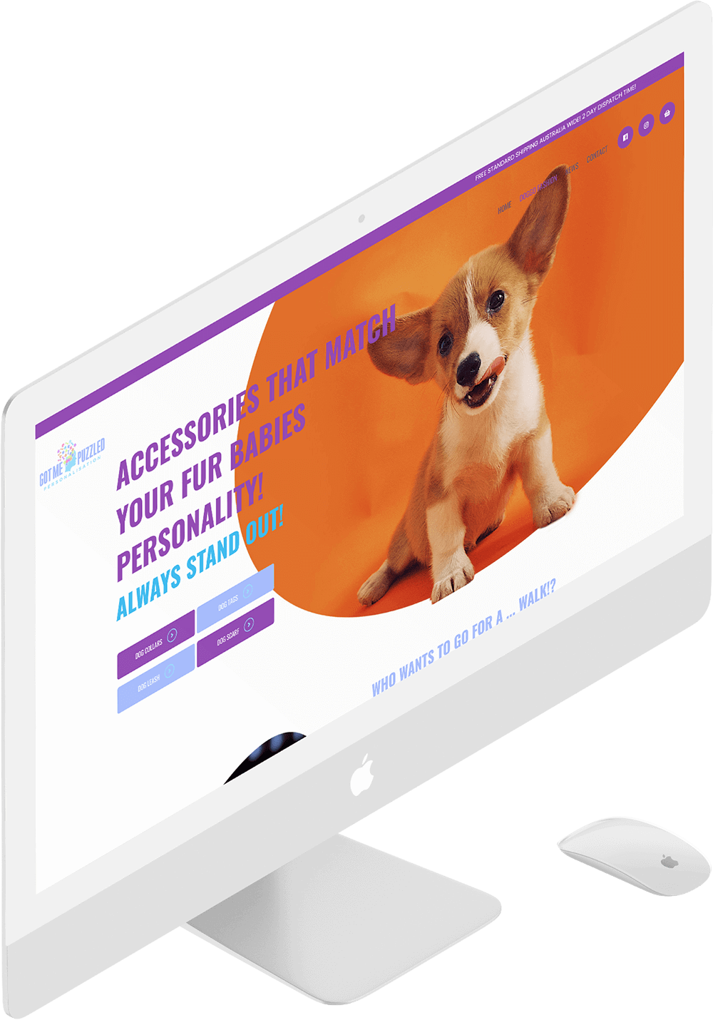 a white macbook showing the design of a website with a puppy