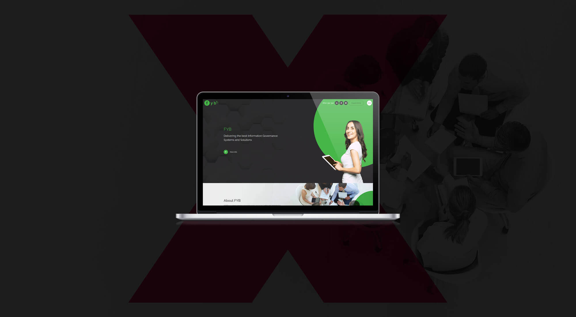 macbook image with FYB website mockup and image in the background of people having a meeting