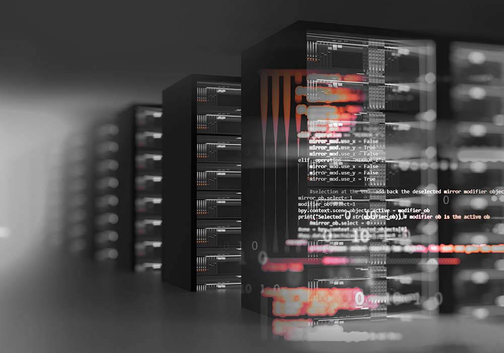 Greyscale image of server room mashed up with code