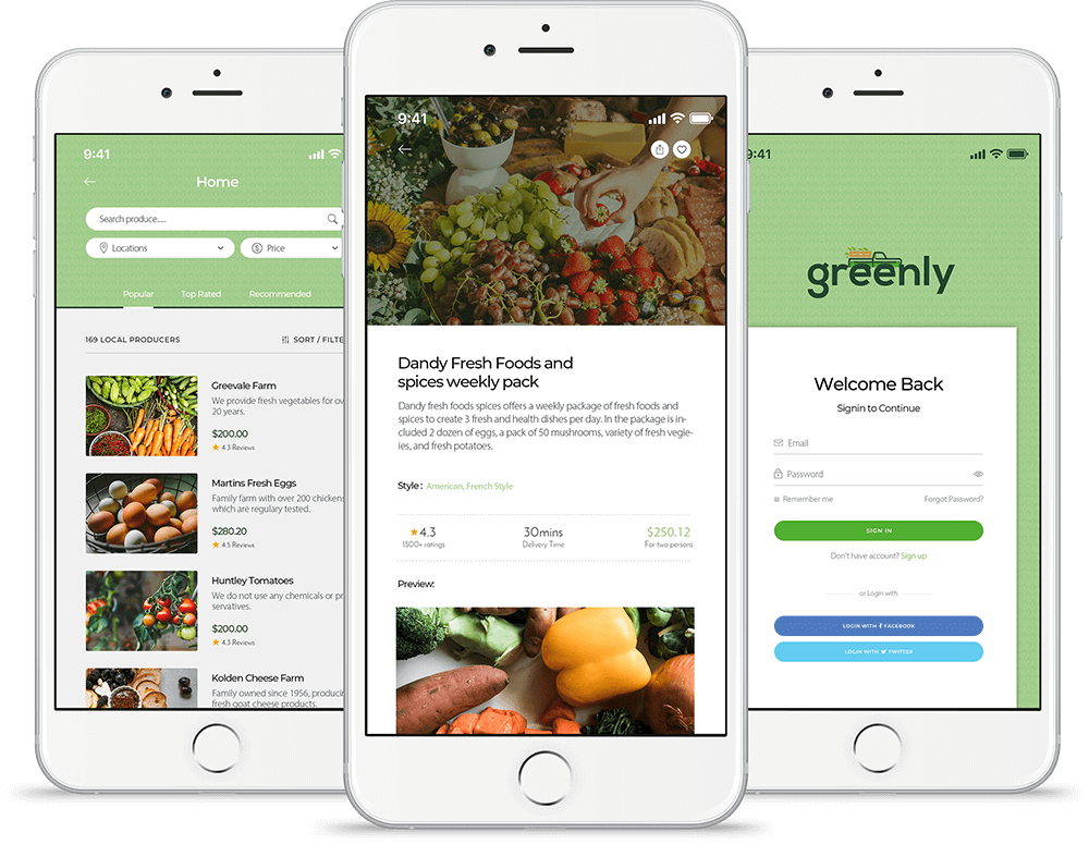 three mockups of greenly mobile app development