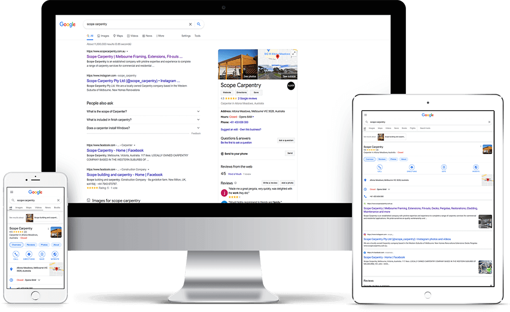 desktop, tablet and mobile devices with google ranking screenshot