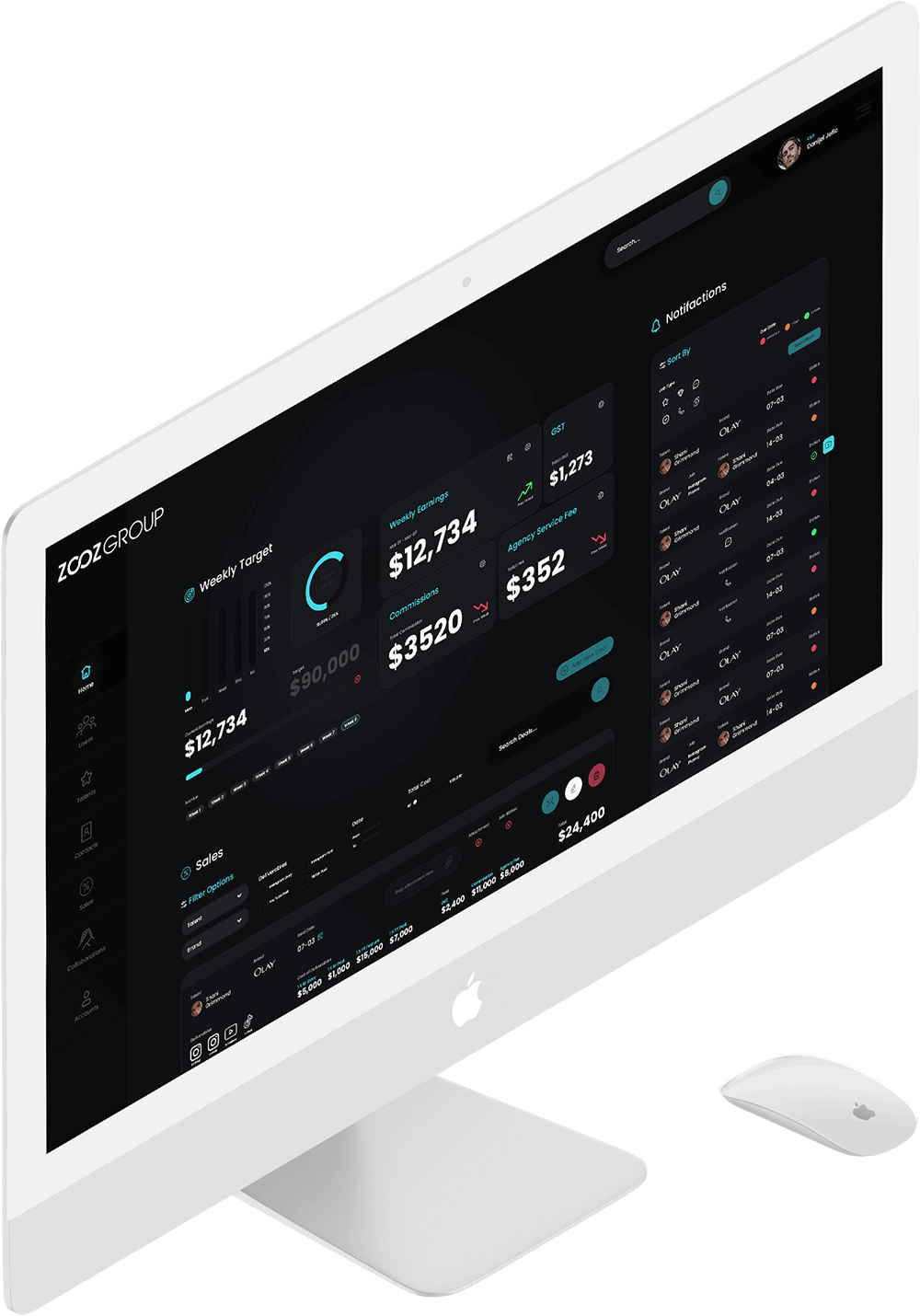 white macbook on an angle showing zoozgroup dashboard design